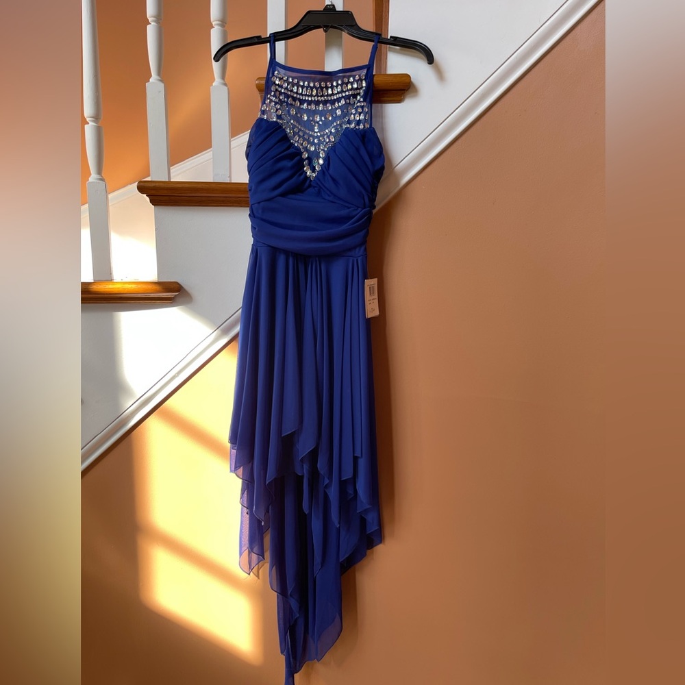 B. Darlin NWT Royal Blue w/beautiful rhinestones Dress SZ 7/8; asymmetrical hem